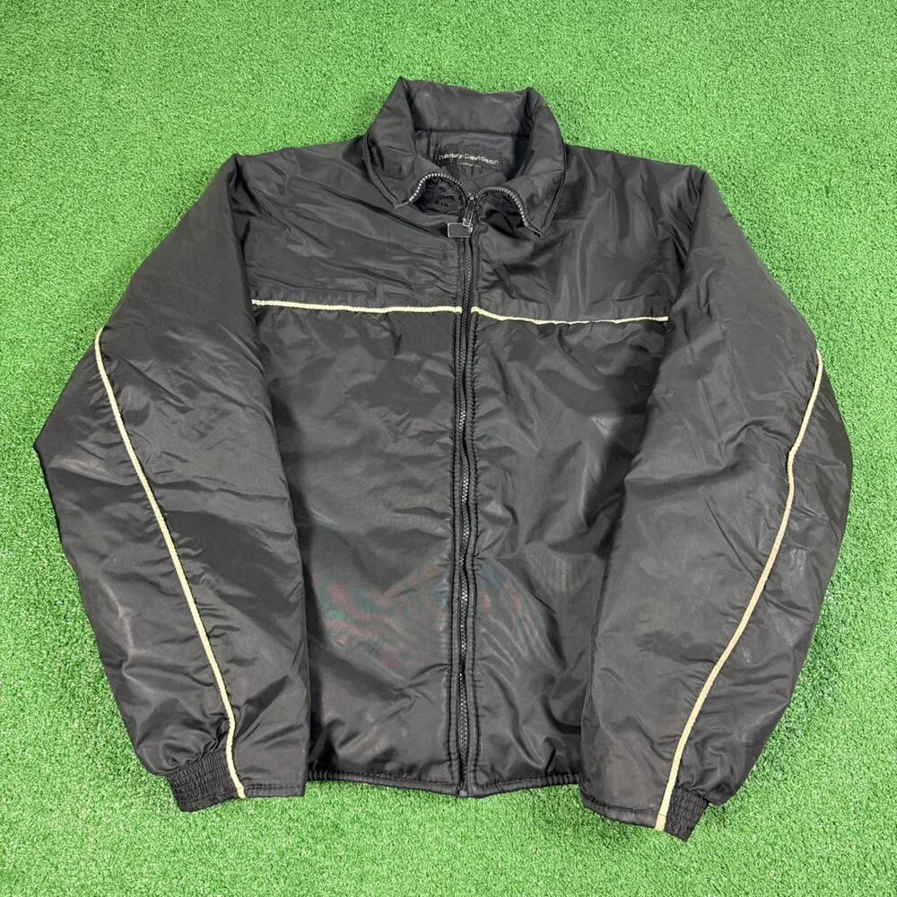 80s Harley Davidson Puffer Jacket Black White Striped Biker Mens M Vintage